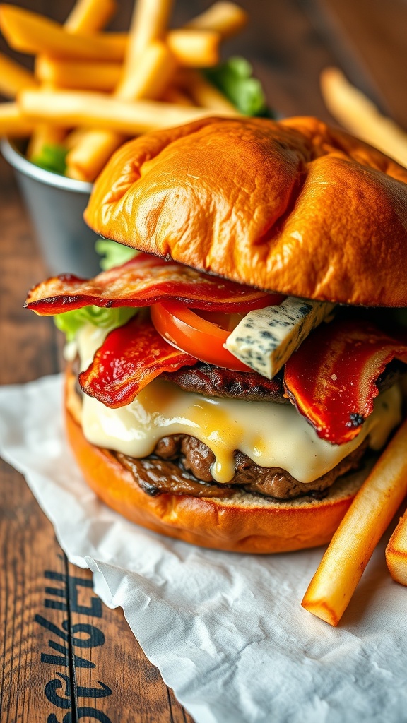 A delicious stuffed burger with blue cheese and bacon, served with fresh toppings and fries.